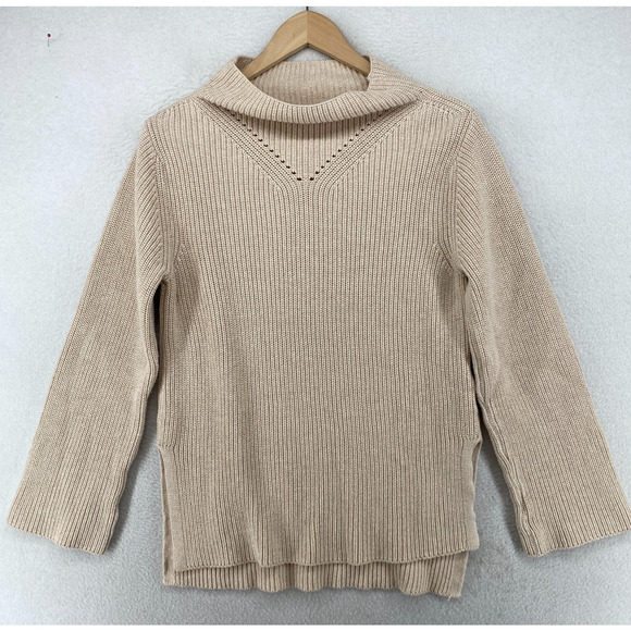 PACT Sweater Womens XS Organic Cotton Ribbed Funnel Neck Pullover Beige - Picture 1 of 13
